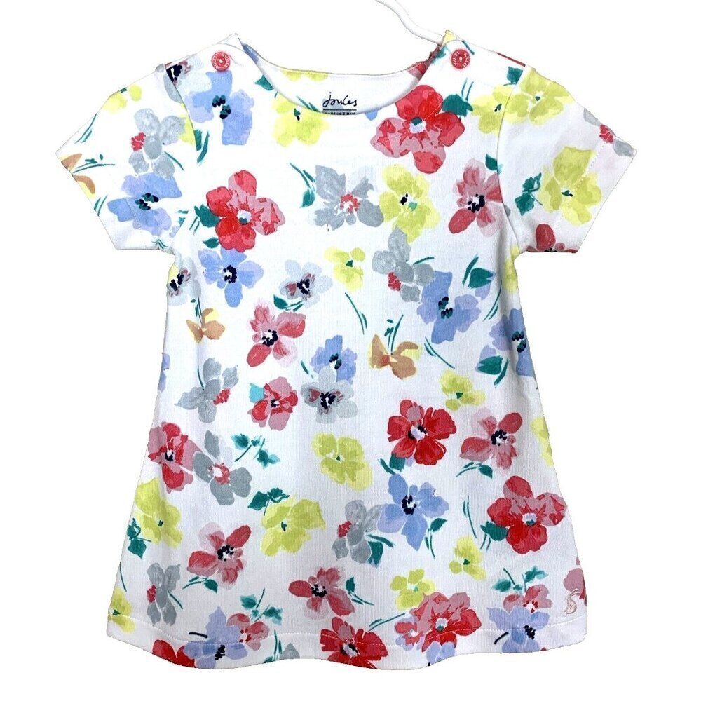Joules Short Sleeve Knit Dress Floral White Colorful Preppy Girls 9-12 Months